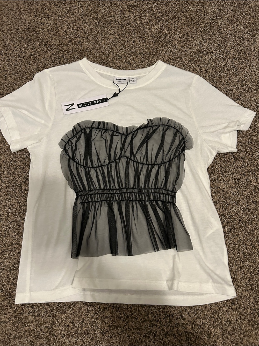 Noisy May White Short-Sleeve Tee with Black Mesh Bustier Detail